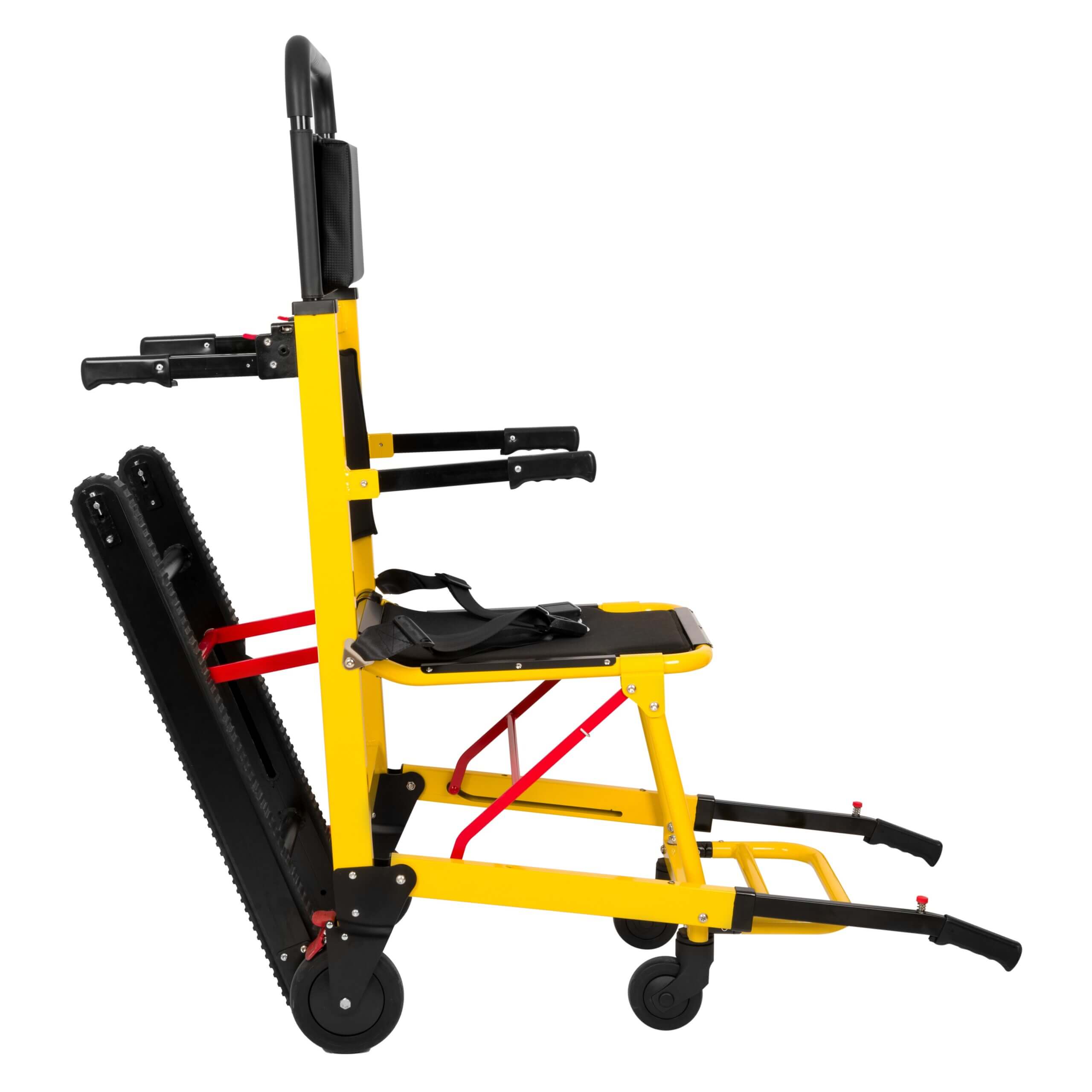 Widok boczny krzesła ewakuacyjnego z systemem gąsienic umożliwiającym stabilny i kontrolowany transport po schodach